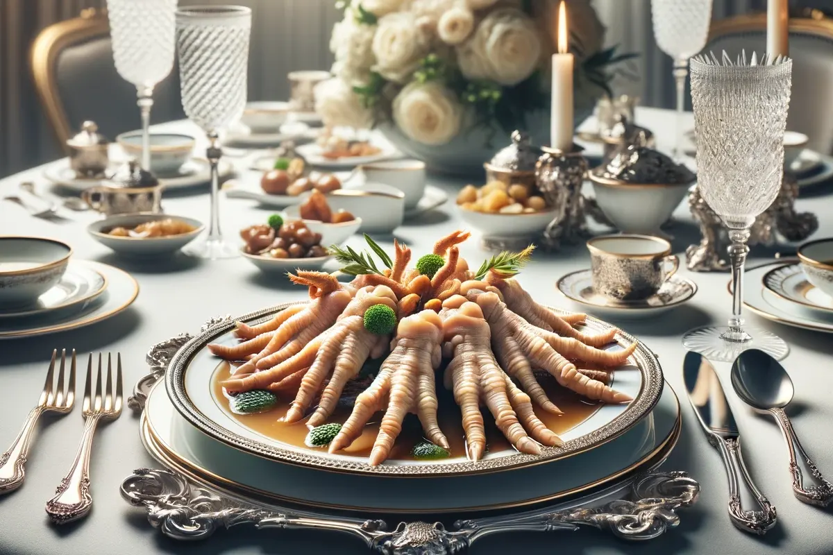 Gourmet chicken feet dish served in an elegant dining setting with fine china and crystal glassware.