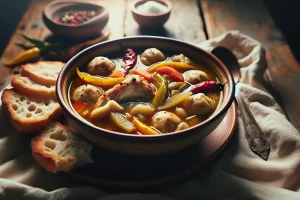 Close-up of Jamaican Chicken Soup served with a side of warm bread.