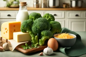 Ingredients for broccoli cheese soup, including fresh broccoli and cheddar cheese.