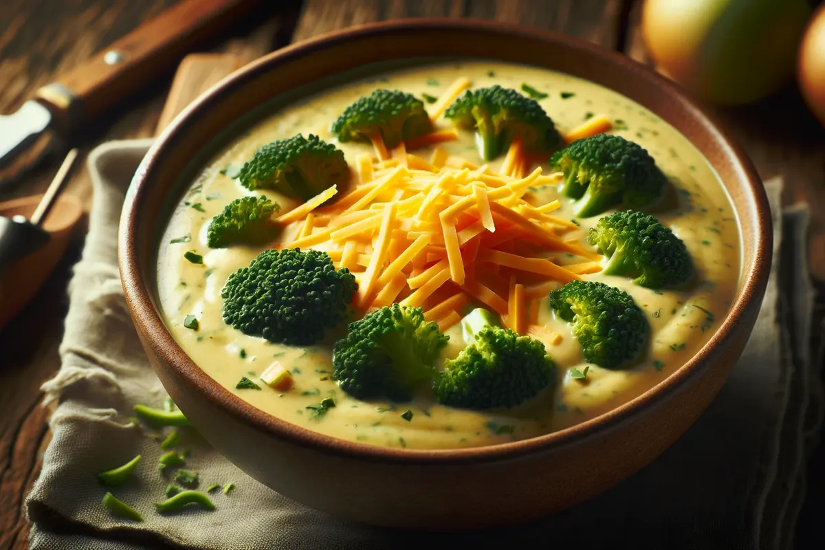 Close-up of creamy broccoli cheese soup garnished with shredded cheddar.