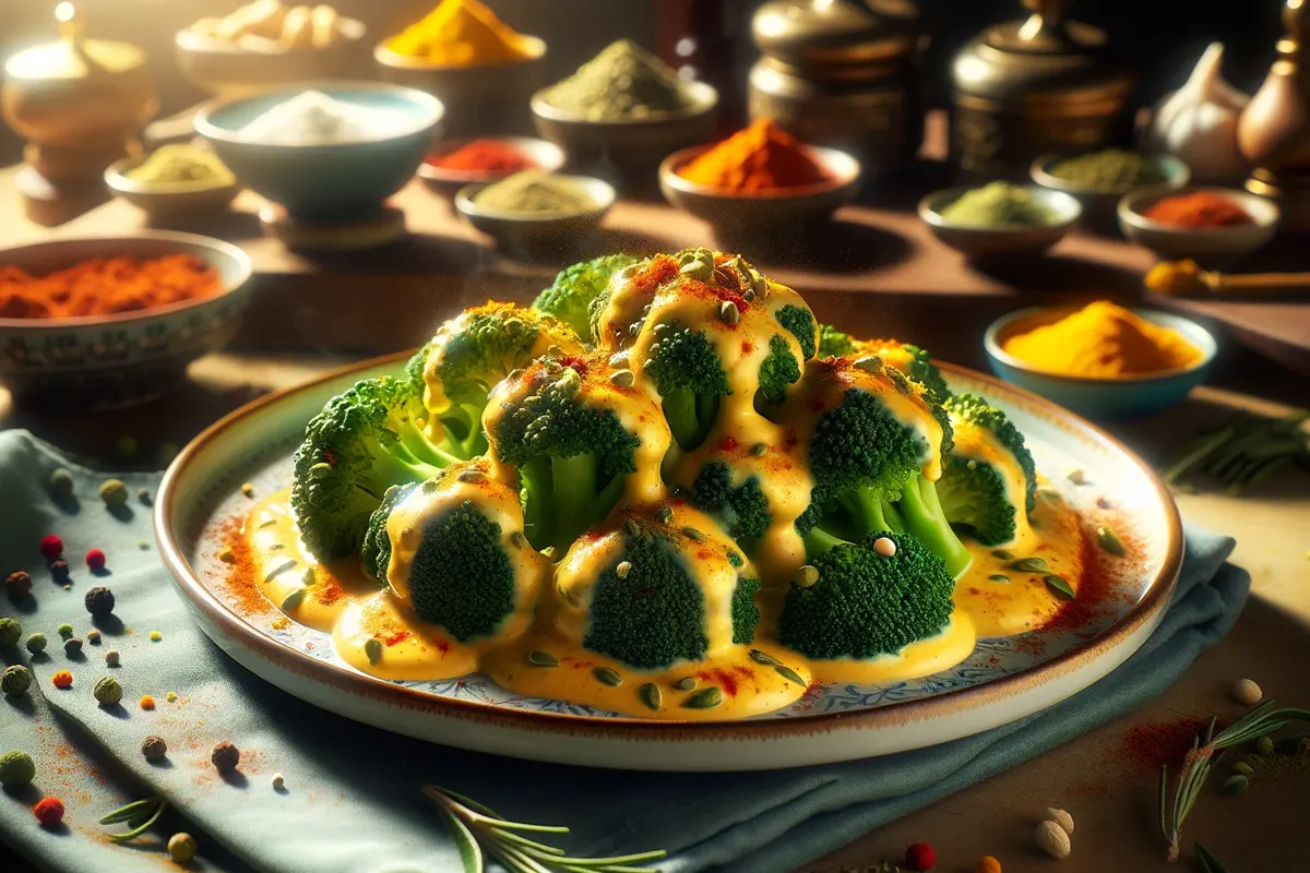 Creative broccoli cheese dish with international spices and ingredients.