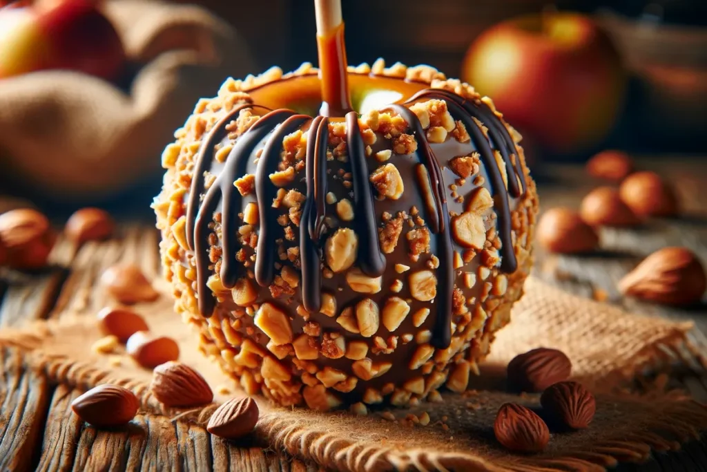 Hand-crafted caramel apples adorned with crushed nuts and chocolate drizzle.