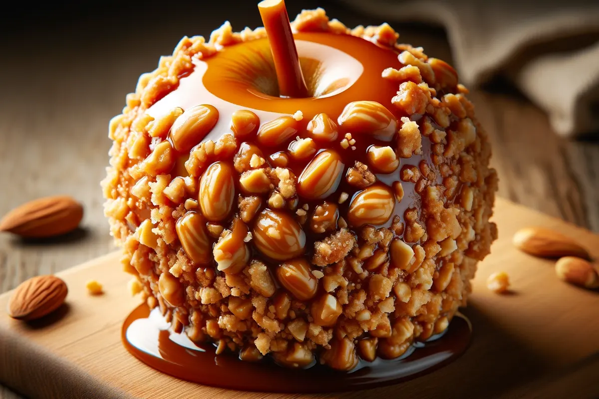 Close-up of a caramel apple adorned with crushed nuts, showcasing the texture and detail."