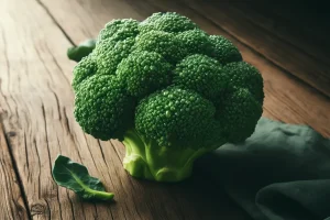 Freshly harvested broccoli with droplets of water, emphasizing freshness