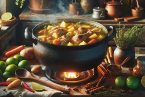 Hearty Caribbean chicken soup simmering in a traditional pot.