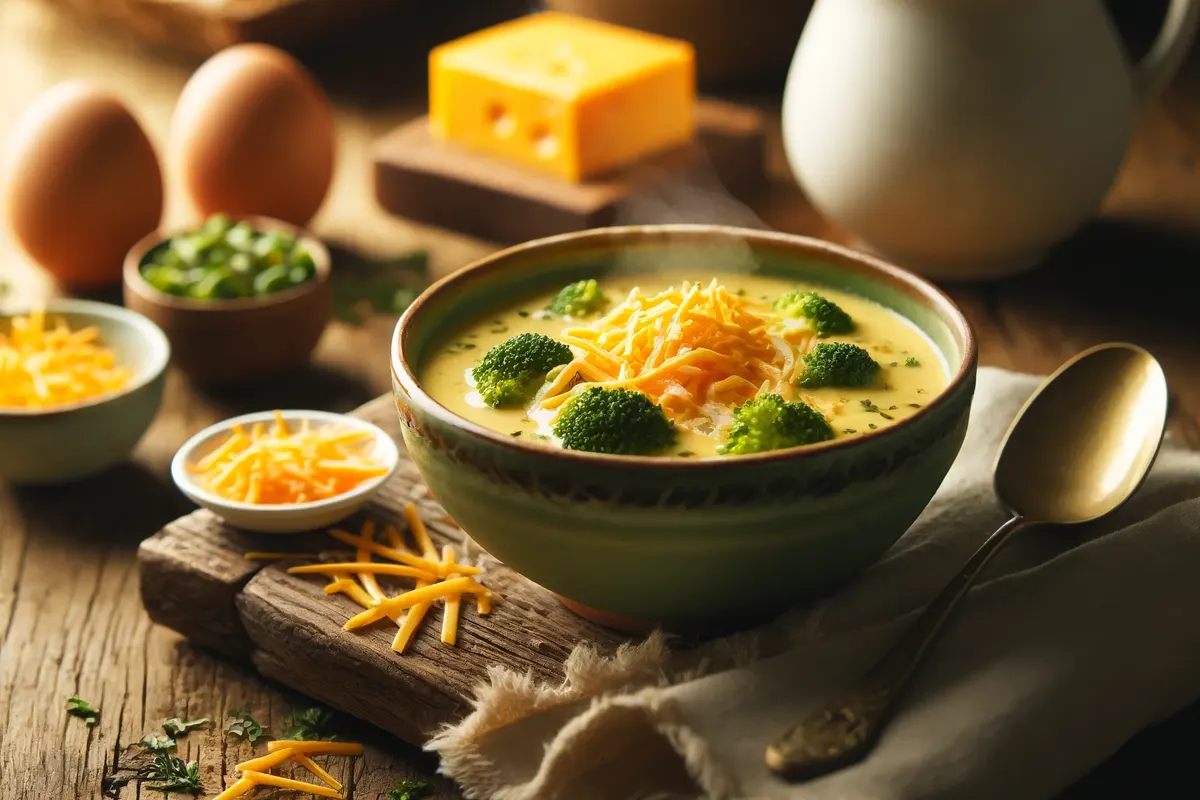 Steaming bowl of chicken broccoli cheese soup garnished with shredded cheese