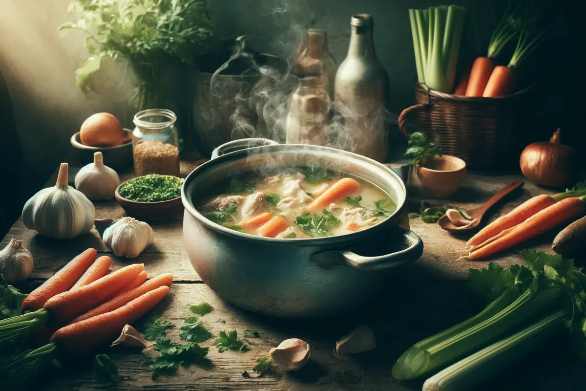 Steaming pot of homemade chicken soup on a rustic kitchen table