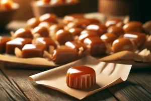 Homemade caramel candies wrapped in parchment, showcasing the ideal non-stick texture.