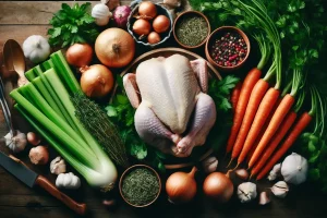 Ingredients for chicken carcass soup, including bones, carrots, and celery, ready for cooking.