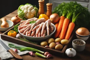 Fresh ingredients for Chicken Feet Soup laid out on a kitchen counter.