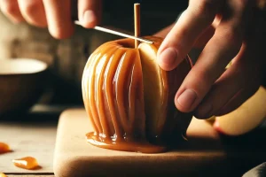 Close-up of a caramel apple slice, revealing the perfect balance of apple and caramel.