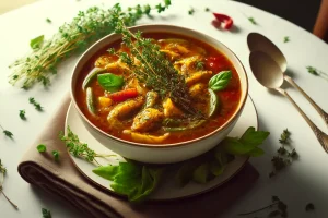 Jamaican Chicken Soup ready to serve, garnished with fresh herbs for an authentic taste.