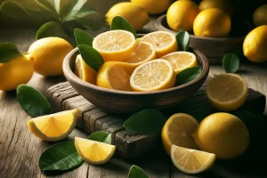 Bowl of lemon slices surrounded by whole lemons and leaves on a wooden table