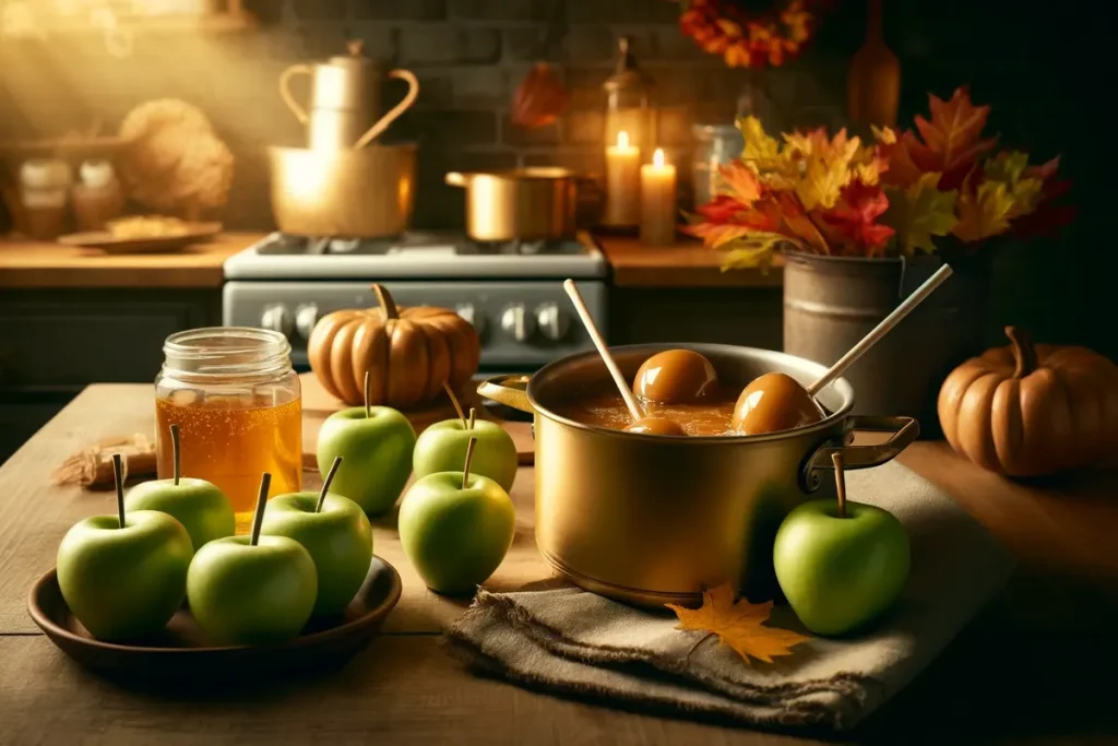 Hand dipping an apple into molten caramel for a homemade caramel apple treat.