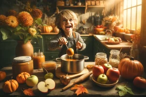 A child delightfully preparing a caramel apple, showcasing the treat's festive appeal.