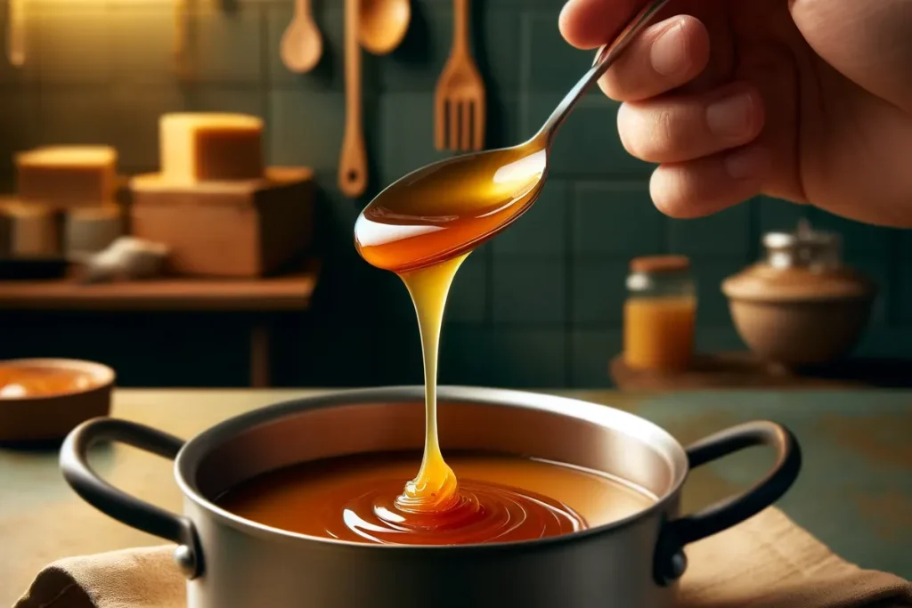 A close-up view of non-stick caramel drizzling off a spoon, demonstrating the perfect consistency.