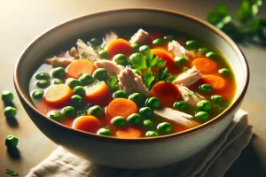 Bowl of chicken soup with fresh herbs and vegetables