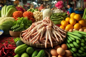 A vibrant display of chicken feet high in nutritional value, served at a traditional market.