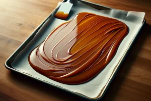 Smooth caramel spread on a baking sheet with parchment, illustrating a no-stick success.