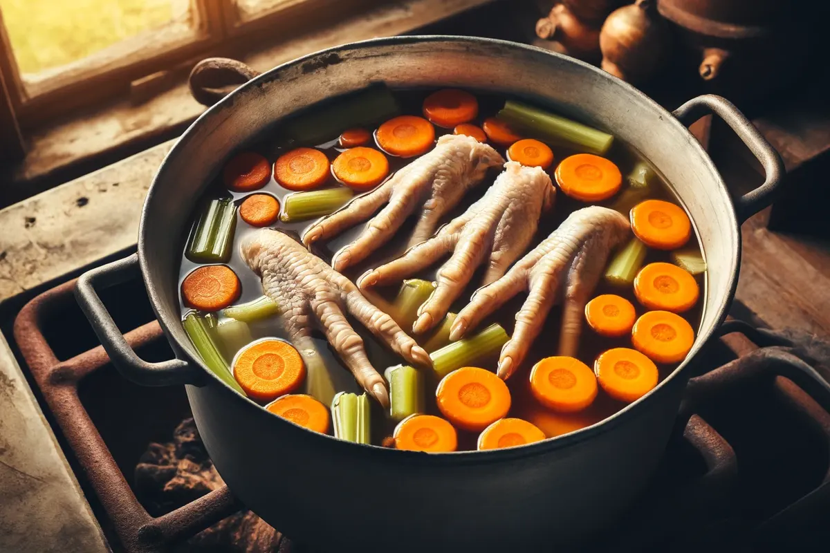 Prepared and clean chicken feet on a cutting board.