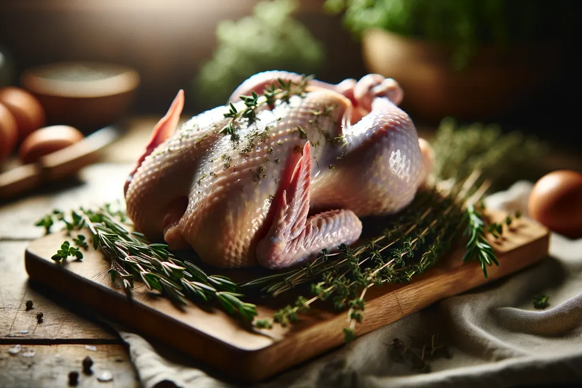 Close-up of a raw chicken carcass on a wooden cutting board, highlighting the texture and quality.