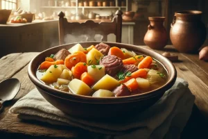 Rustic European-style Saturday Soup, rich with root vegetables and slow-cooked meats.