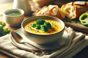 Bowl of homemade broccoli cheese soup ready to serve.