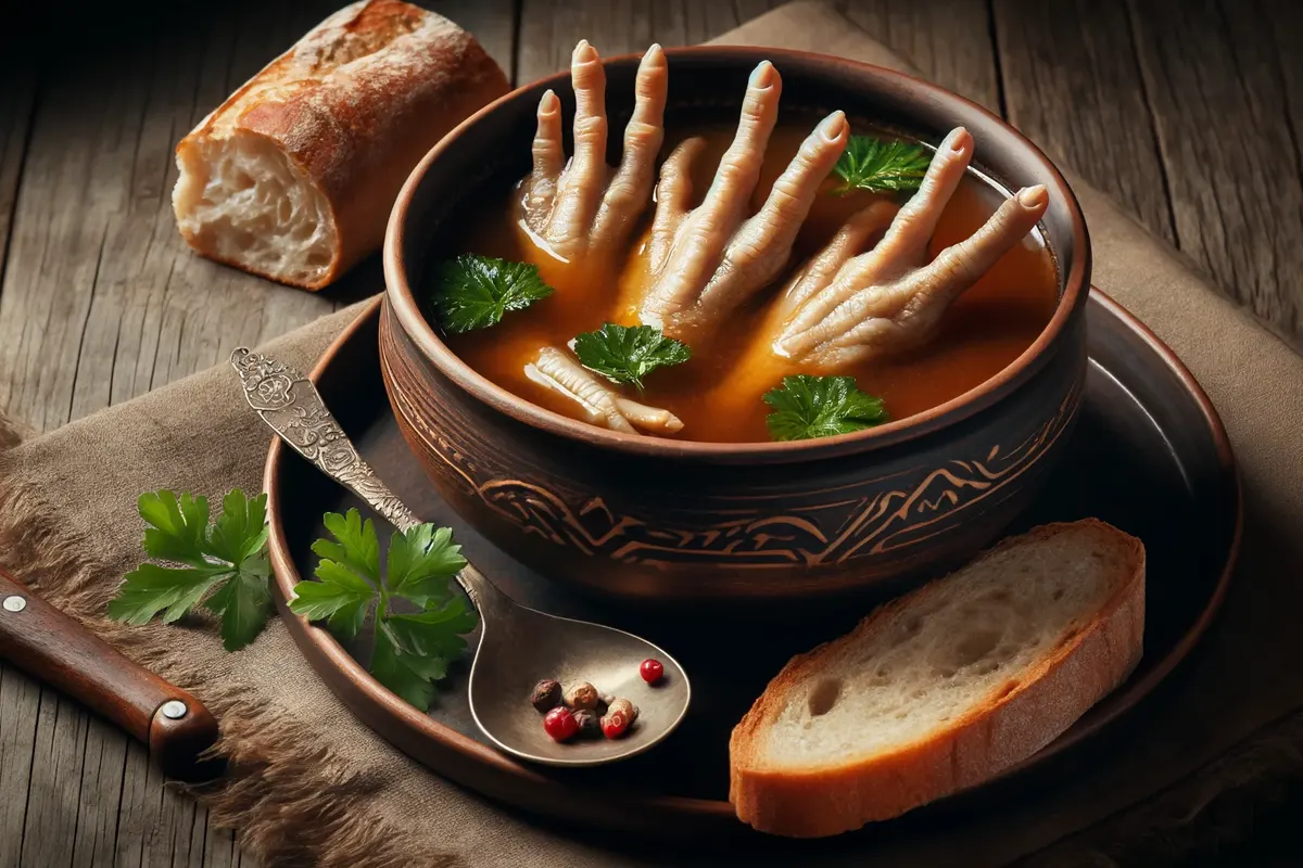 A hearty bowl of Chicken Feet Soup served with fresh herbs.