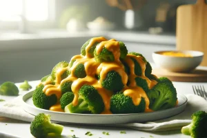 Freshly steamed broccoli topped with melted cheddar cheese.