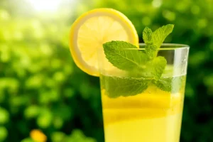 Refreshing lemonade with lemon slice and mint garnish in a sunny garden