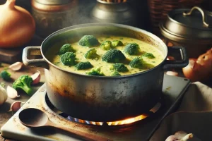 Velvety broccoli cheese soup simmering in a rustic pot.