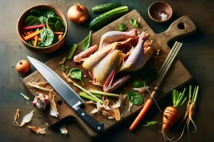 The remains of a chicken carcass on a cutting board, ready for culinary repurposing.