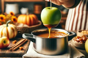 Hand dipping a fresh apple into creamy caramel for a classic caramel apple treat.