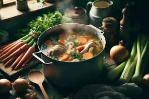 A pot of simmering chicken carcass soup, infused with herbs and vegetables.