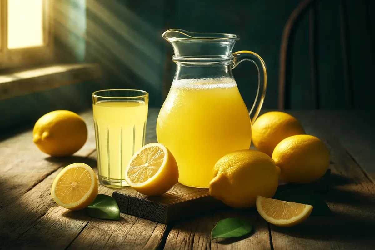 Freshly cut lemons and lemon juice in a pitcher on a rustic table