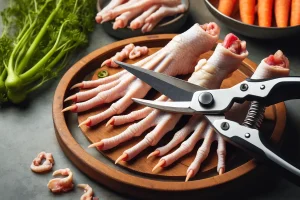 Preparing chicken feet for soup with kitchen shears, clean and ready for broth