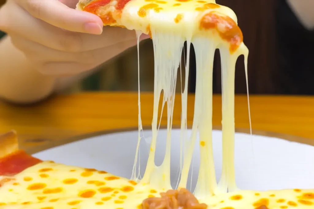 Close-up of melted cheese stretching from a slice of pizza, highlighting the gooey texture.