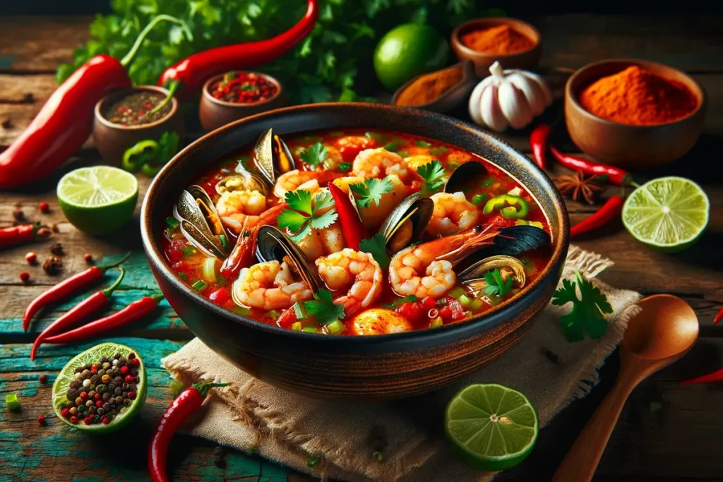 Spicy Caribbean seafood soup, rich in color and flavor.