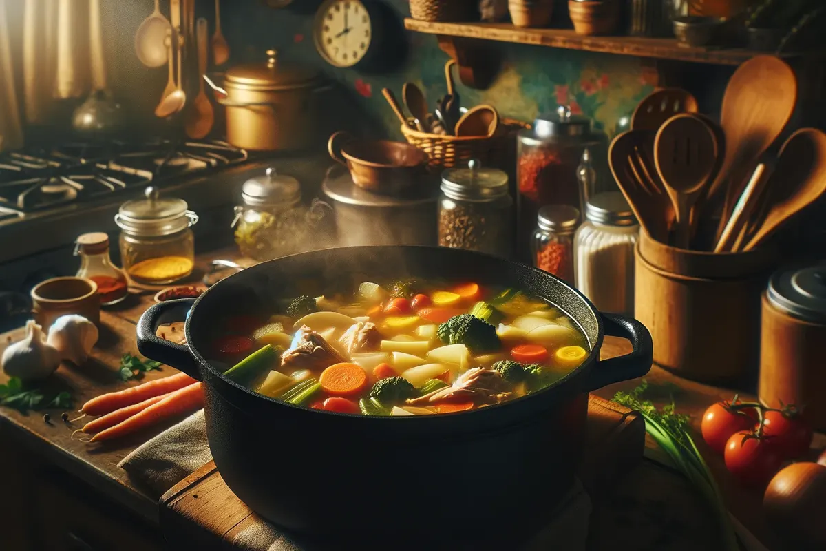 Homemade Jamaican Chicken Soup simmering on the stove, filled with traditional ingredients.