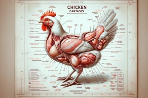 Deconstructed view of a chicken carcass, illustrating different parts for educational insight.